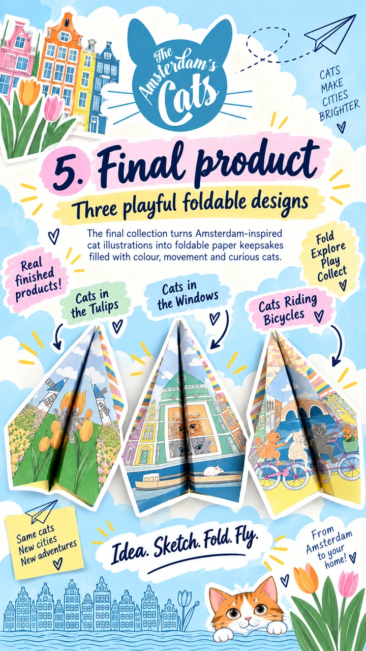 The three finished Amsterdam Cats illustrated paper keepsakes: Cats in the Tulips, Cats in the Windows and Cats Riding Bicycles.