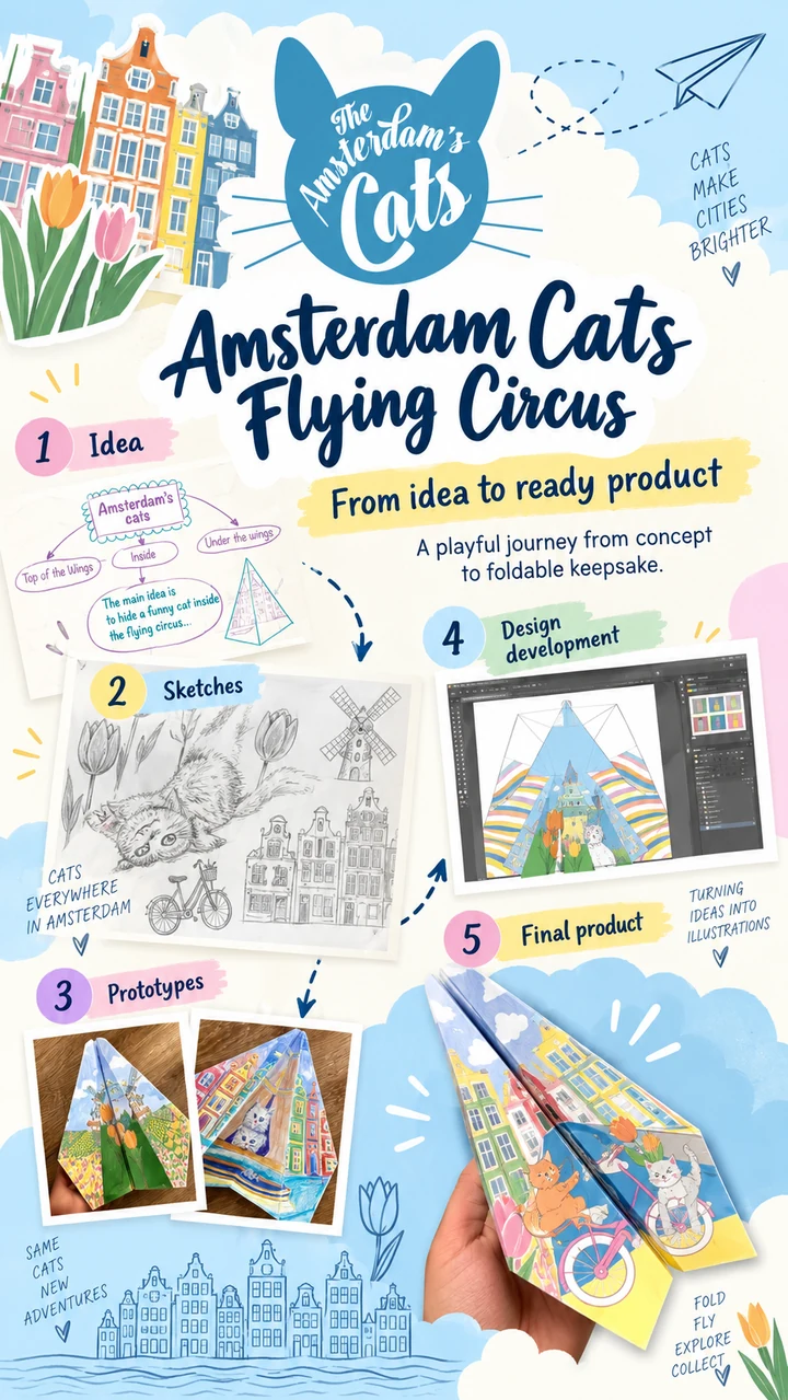 Amsterdam Cats Flying Circus creative process overview, from the first idea to the final foldable paper collection.