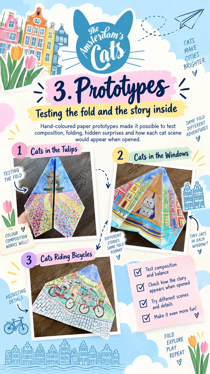 Hand-coloured paper prototypes for Cats in the Tulips, Cats in the Windows and Cats Riding Bicycles.
