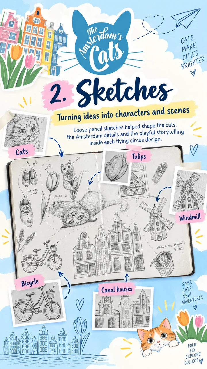 Original pencil sketches of cats, tulips, a windmill, bicycles and Amsterdam canal houses.