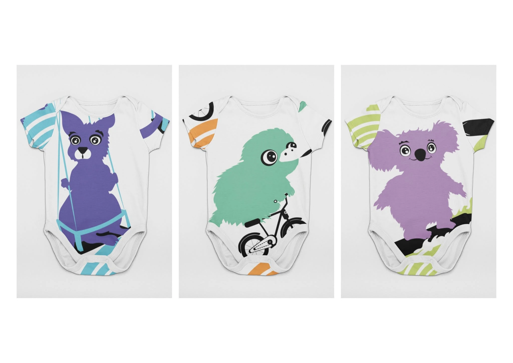 Three baby onesies with Cosy Cubs characters