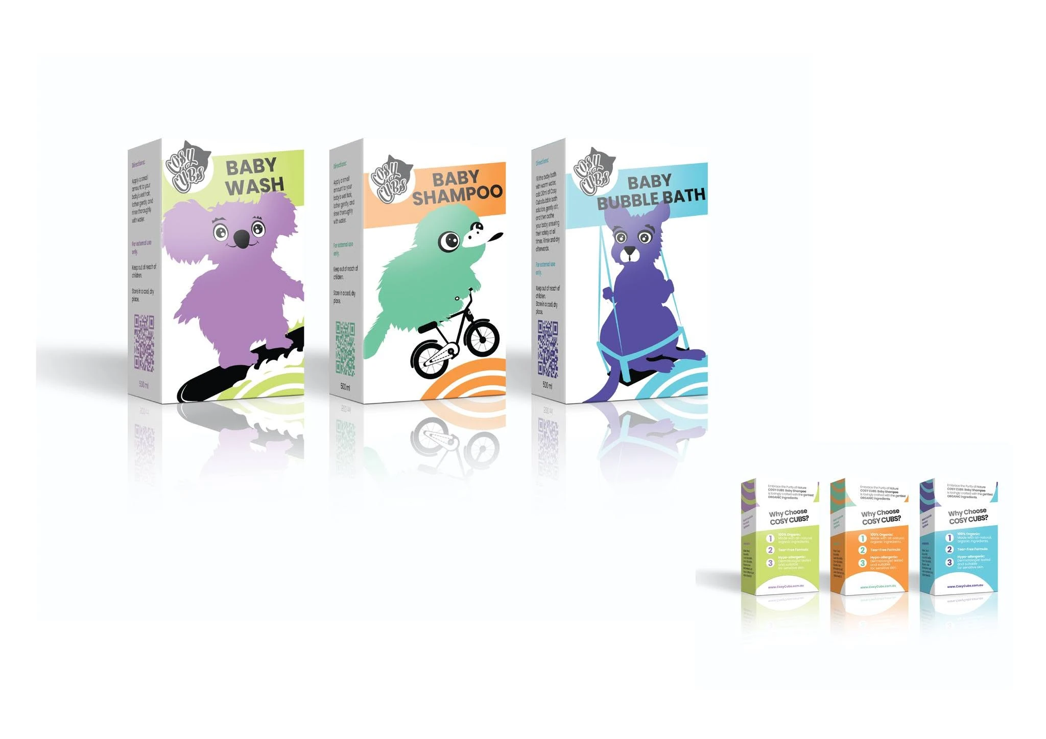 Cosy Cubs packaging range displayed with product characters