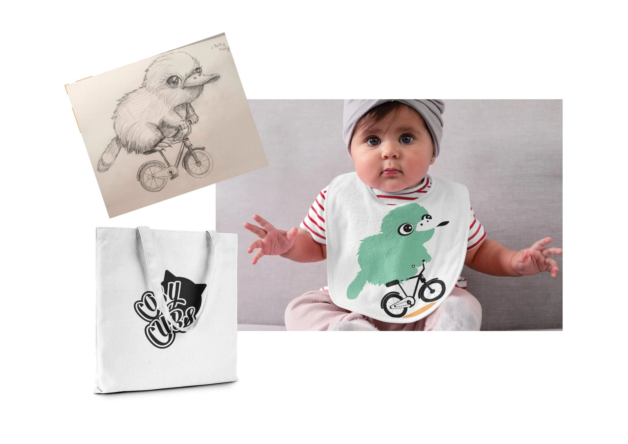 Cosy Cubs illustration development, baby bib and tote bag applications