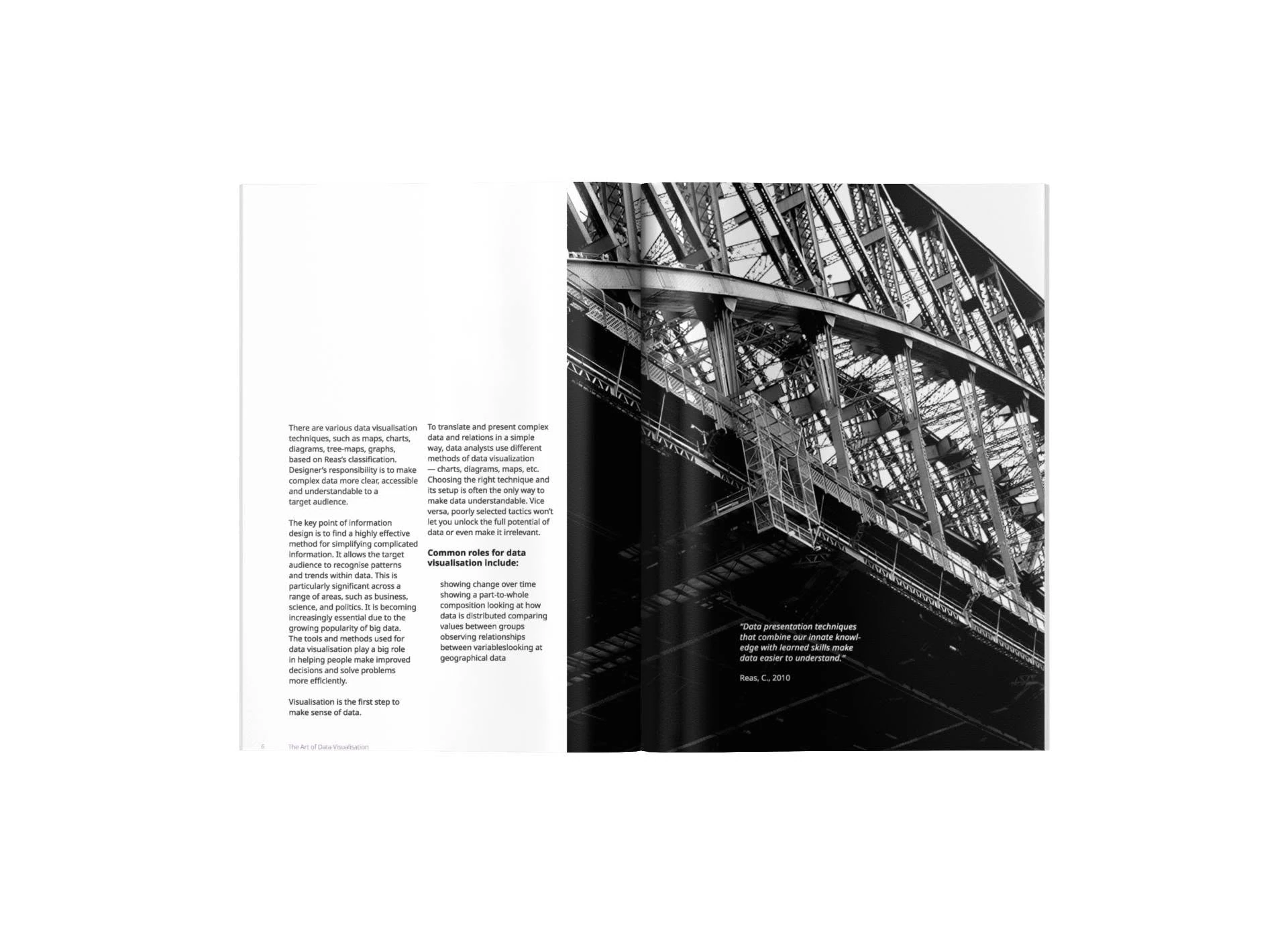 Data visualisation magazine spread with black-and-white bridge photography