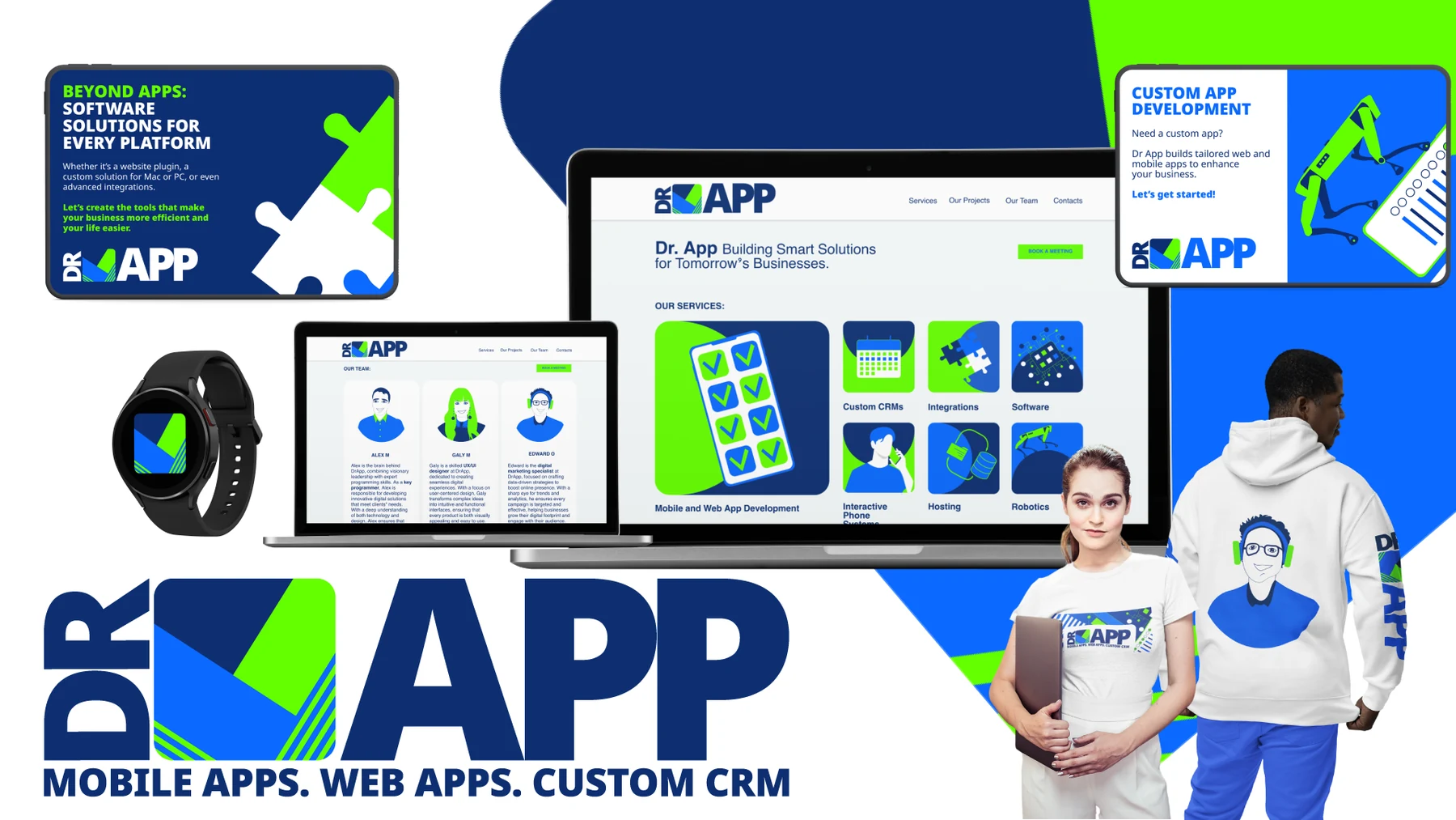 Doctor App brand identity shown across website, device and merchandise mockups