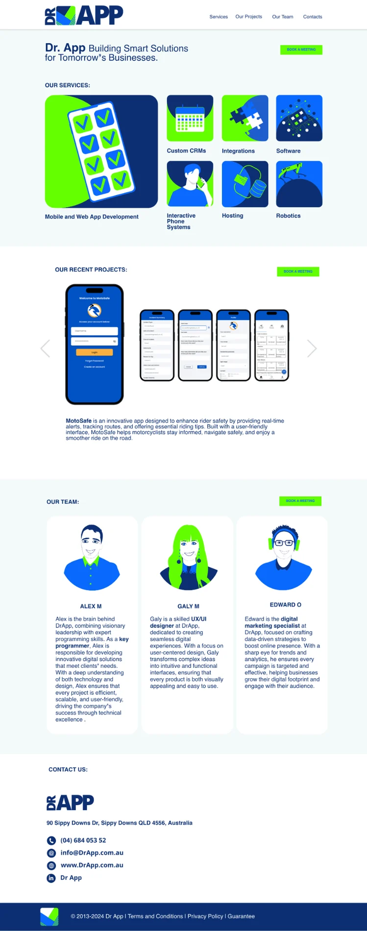 Full Doctor App website page showing services, projects, team and contact information