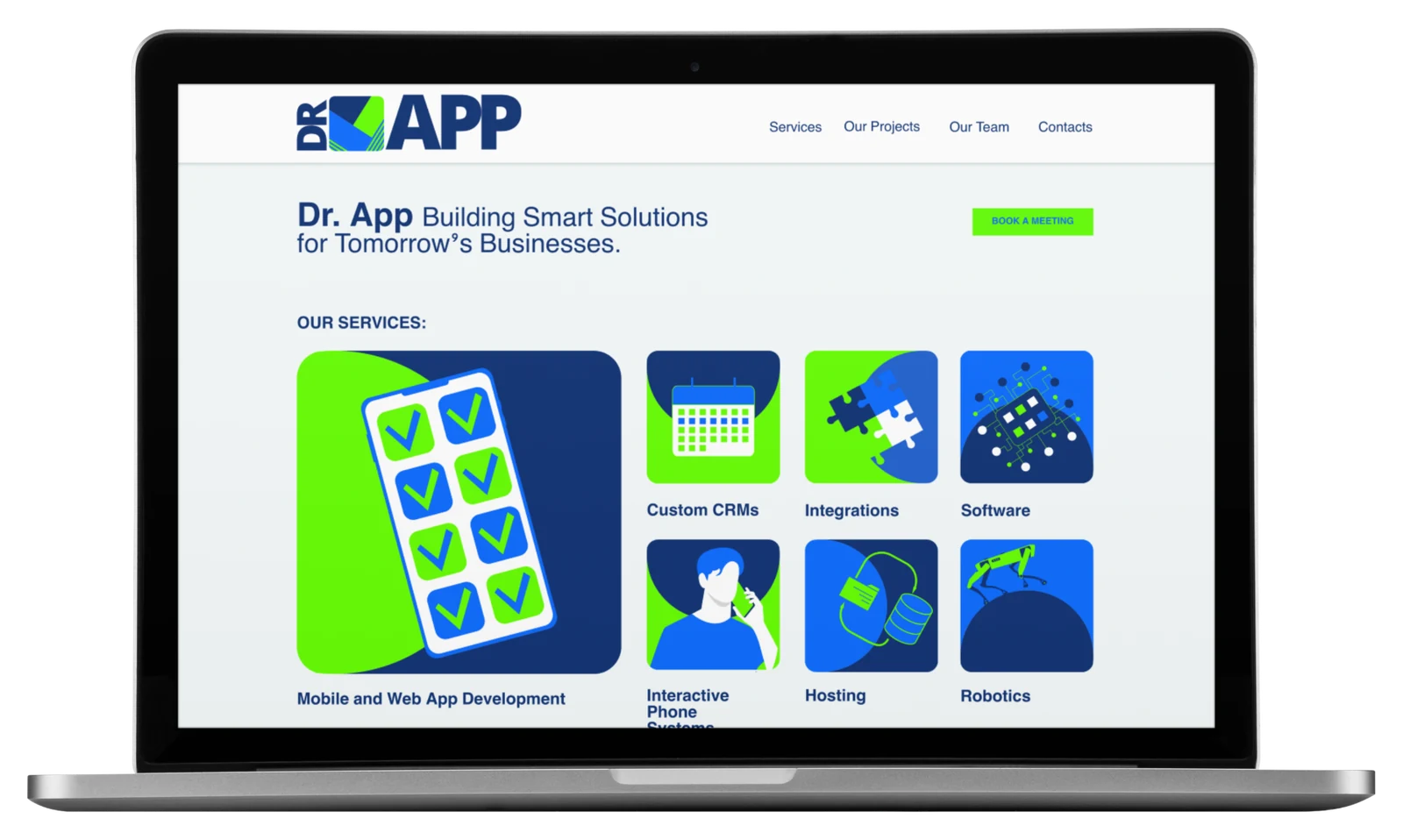 Doctor App website services section displayed on a laptop