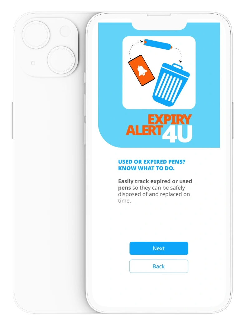 Front and back phone mockup presenting the Expire Alert 4U interface