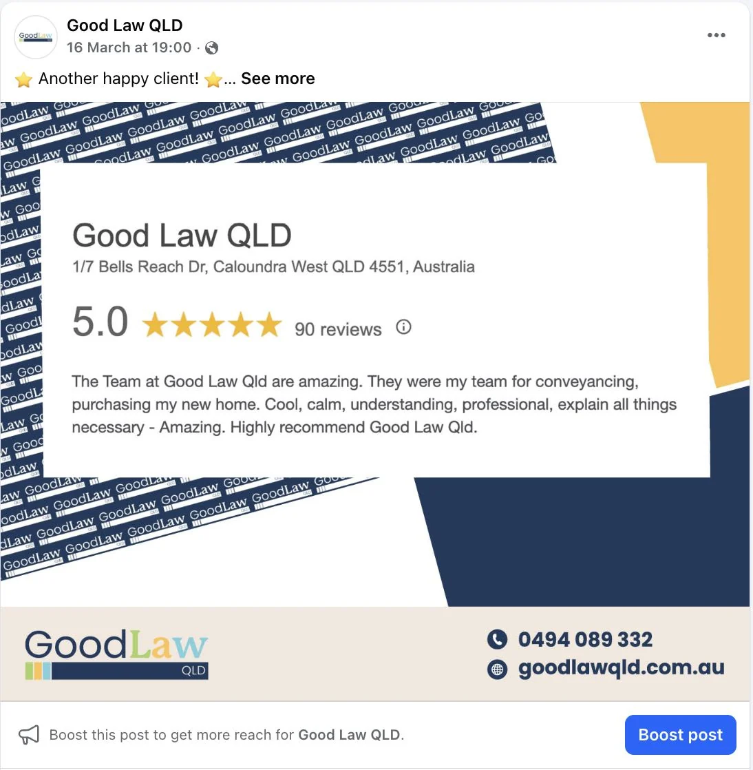 Good Law QLD client review Facebook post