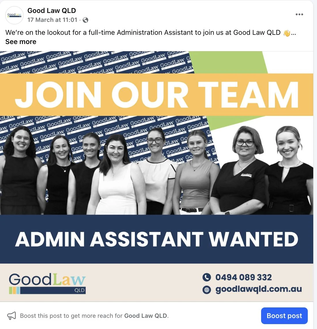 Good Law QLD recruitment campaign Facebook post