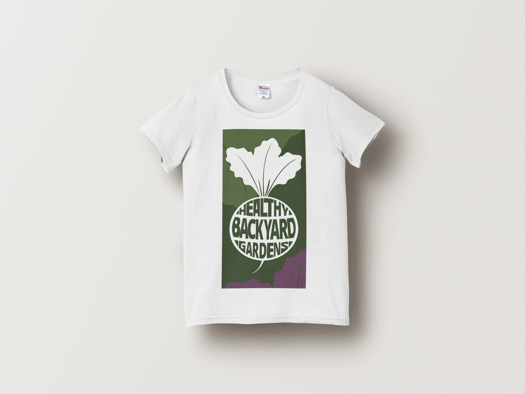 Healthy Backyard Gardens identity applied to a white T-shirt