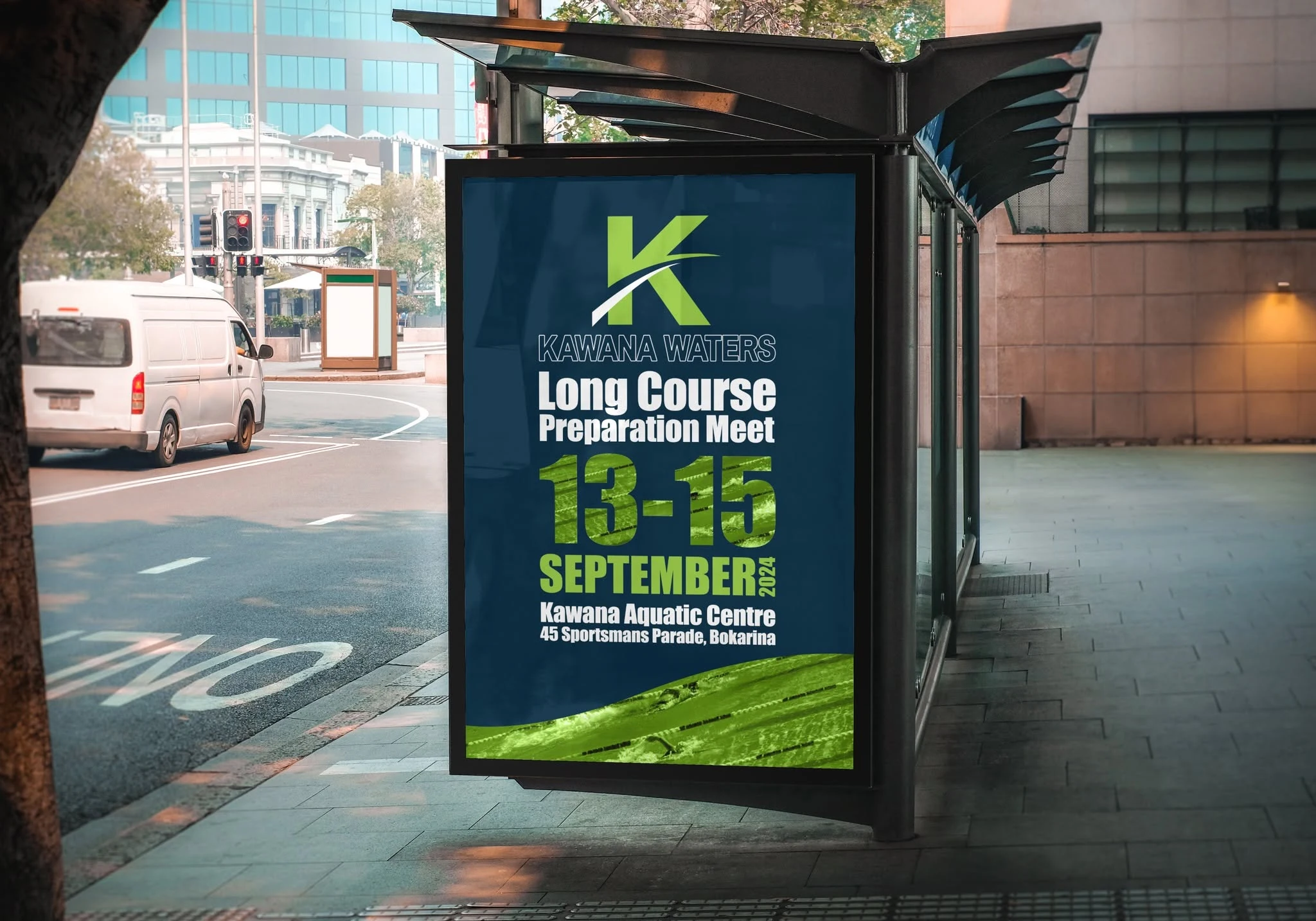 Kawana Waters Swimming Club event poster displayed in a bus shelter