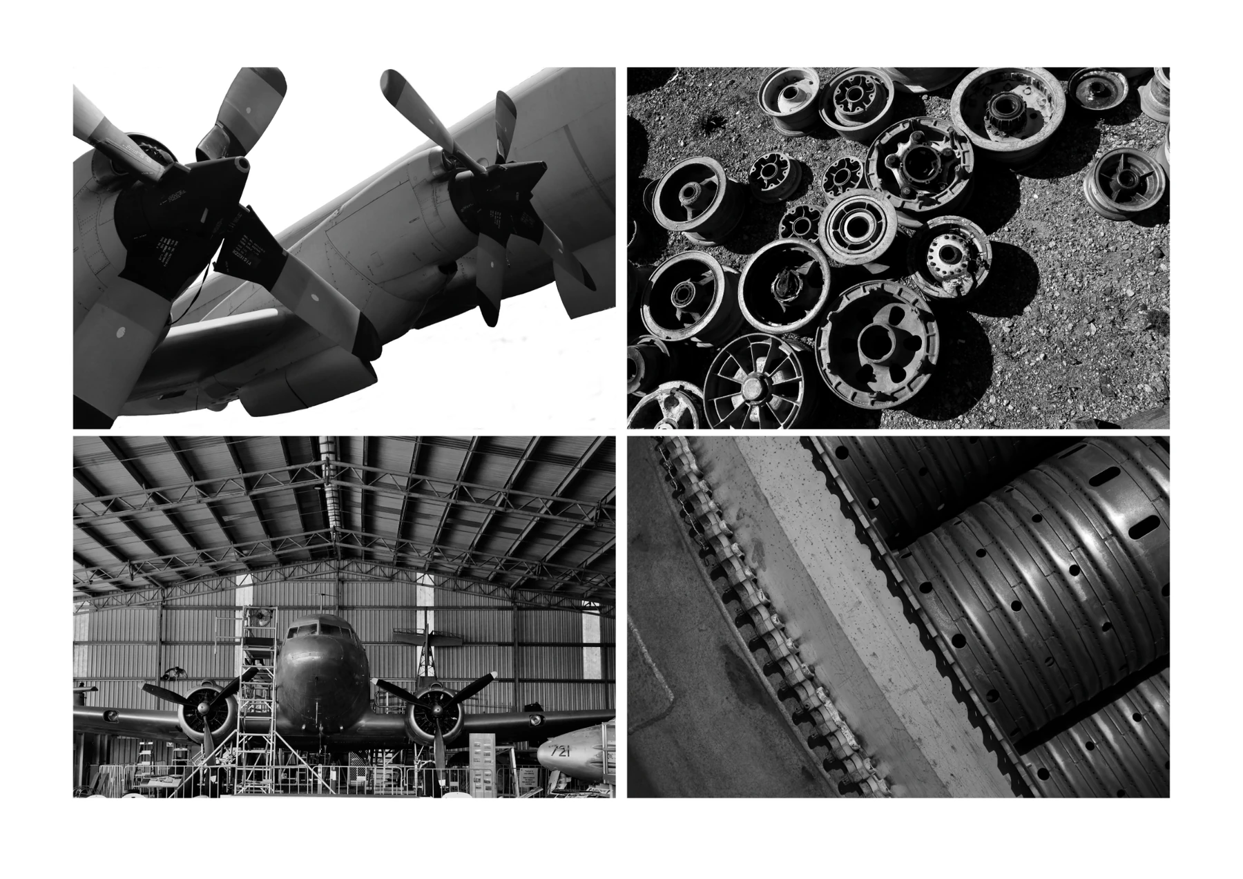 Original black-and-white photography of aircraft and mechanical restoration details