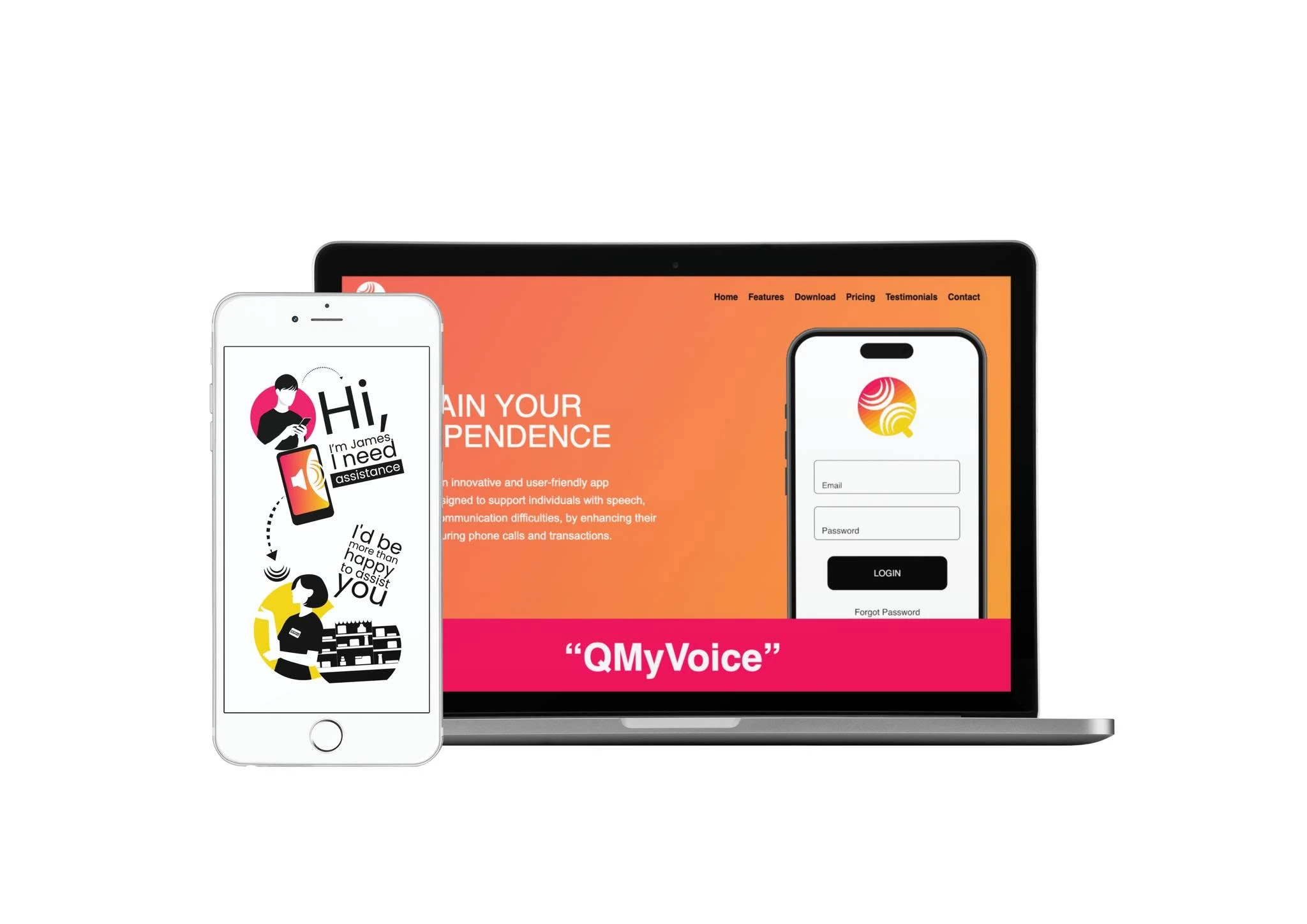 QMyVoice website and mobile app interfaces shown on laptop and phones