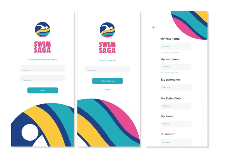 Swim Saga login, password recovery and registration designs