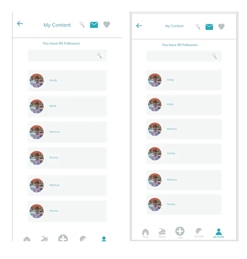 Earlier and revised Swim Saga interface artboards showing a readability update