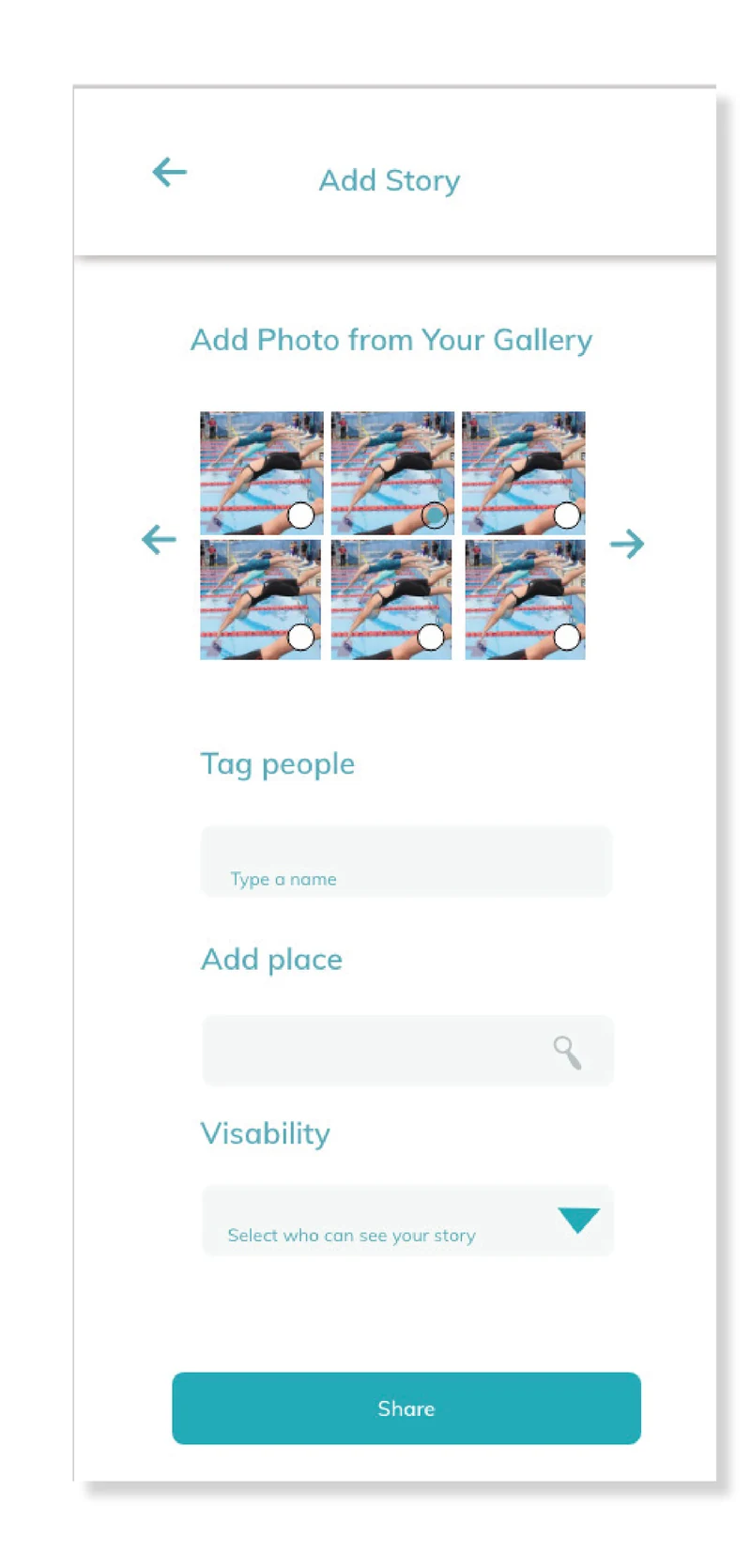 Swim Saga Add Story screen with a visibility selector