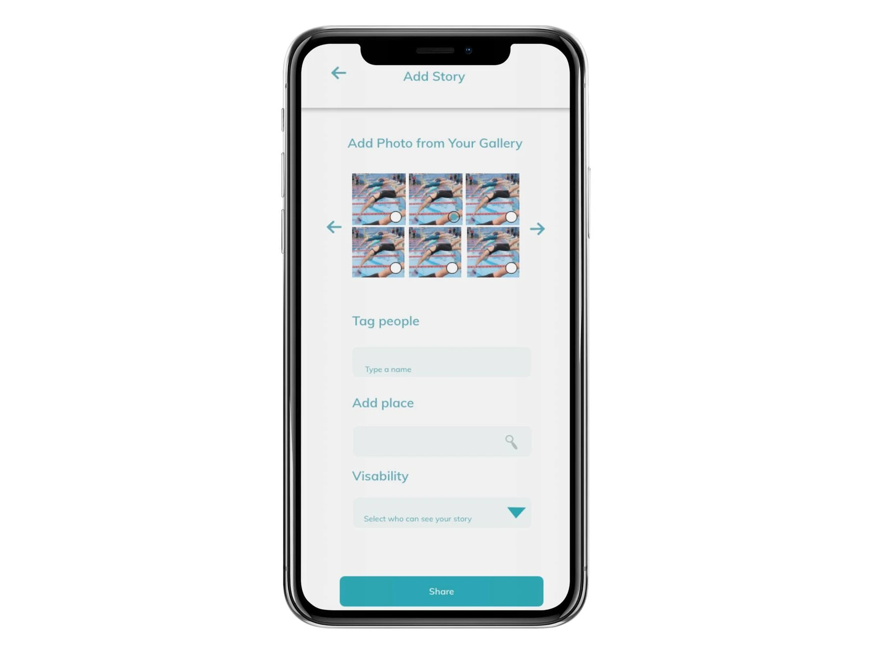 Swim Saga add story screen with photo tagging and visibility controls