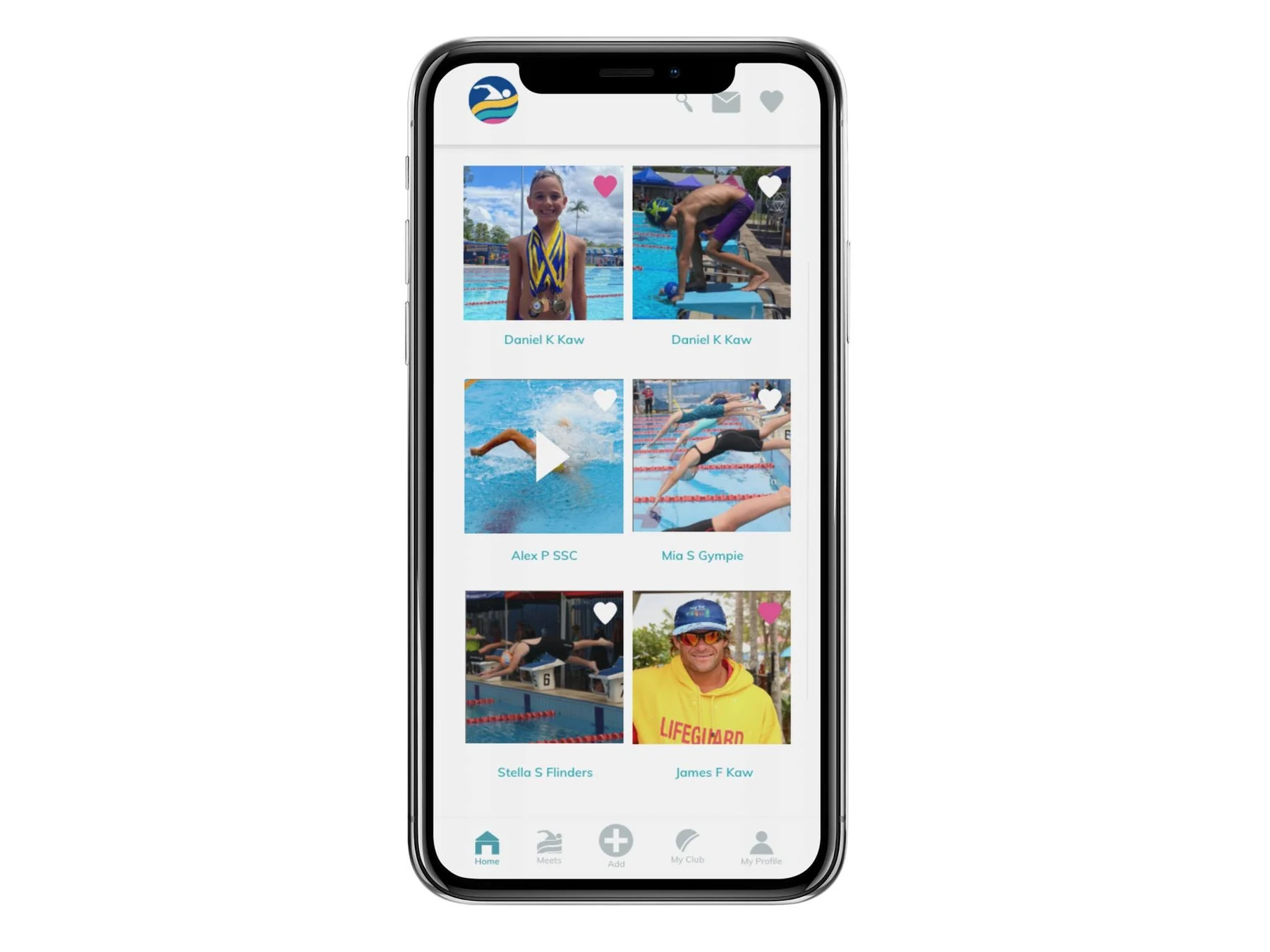 Swim Saga mobile community feed with swimmer photos and videos
