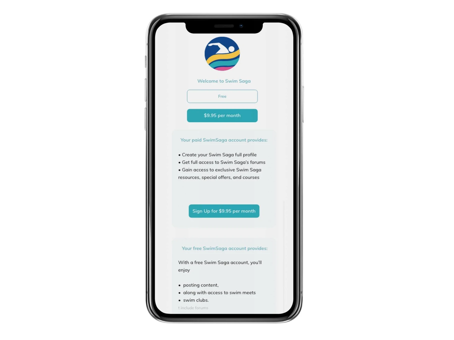 Swim Saga free and paid membership selection screen