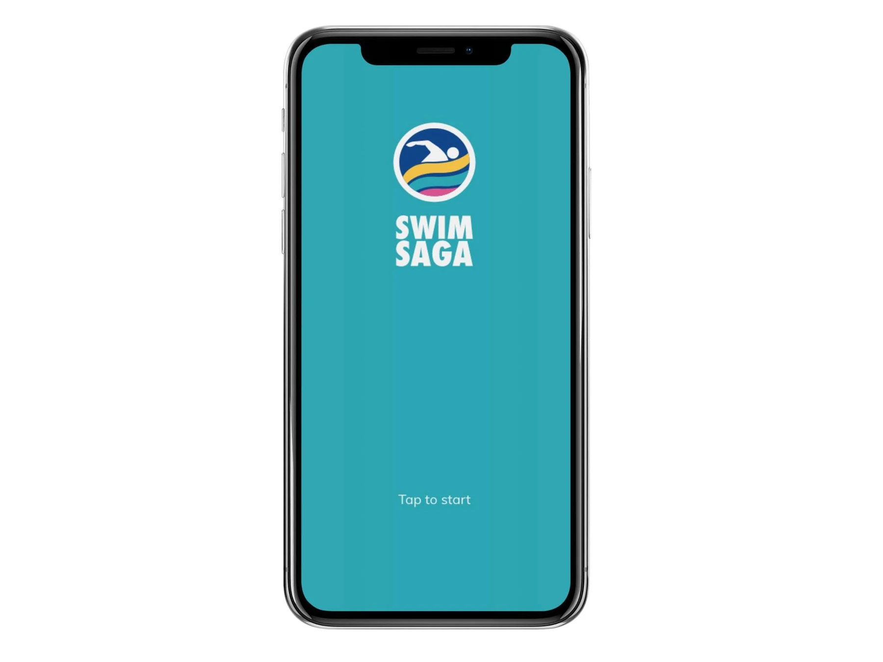 Swim Saga turquoise launch screen with circular swimmer logo