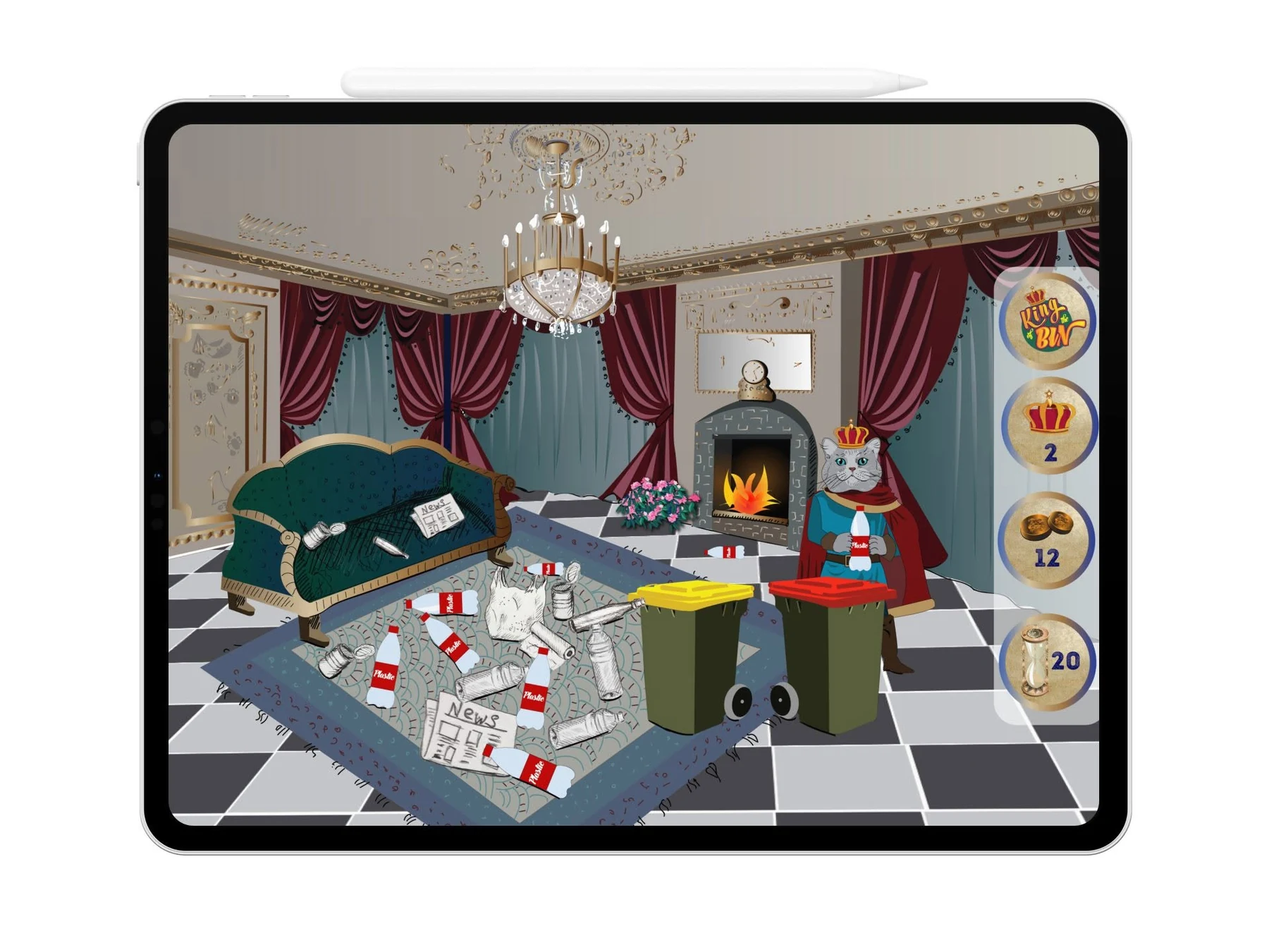 King of the Bin gameplay screen where rubbish is sorted into coloured bins