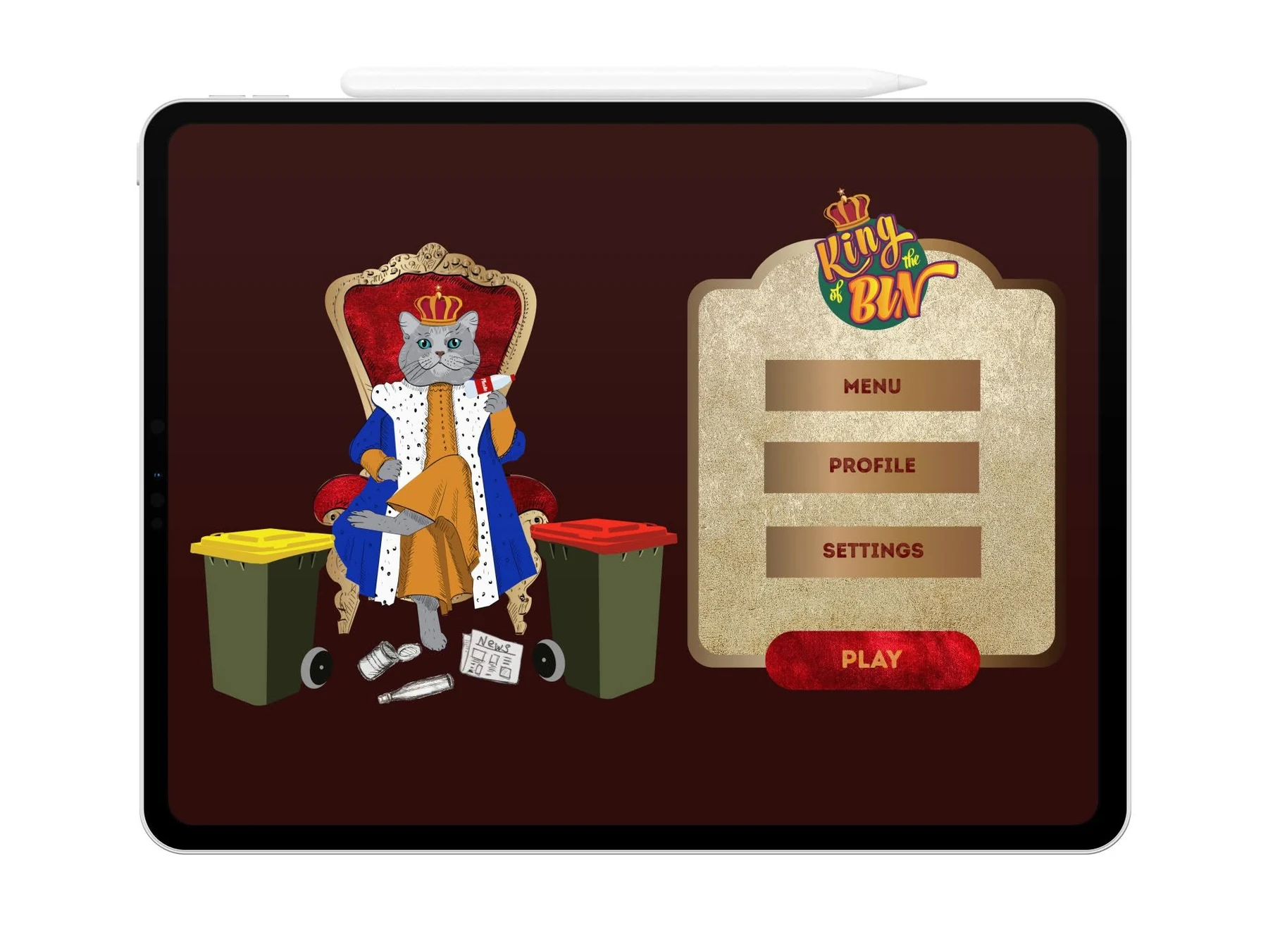King of the Bin main menu with crowned cat character and play button