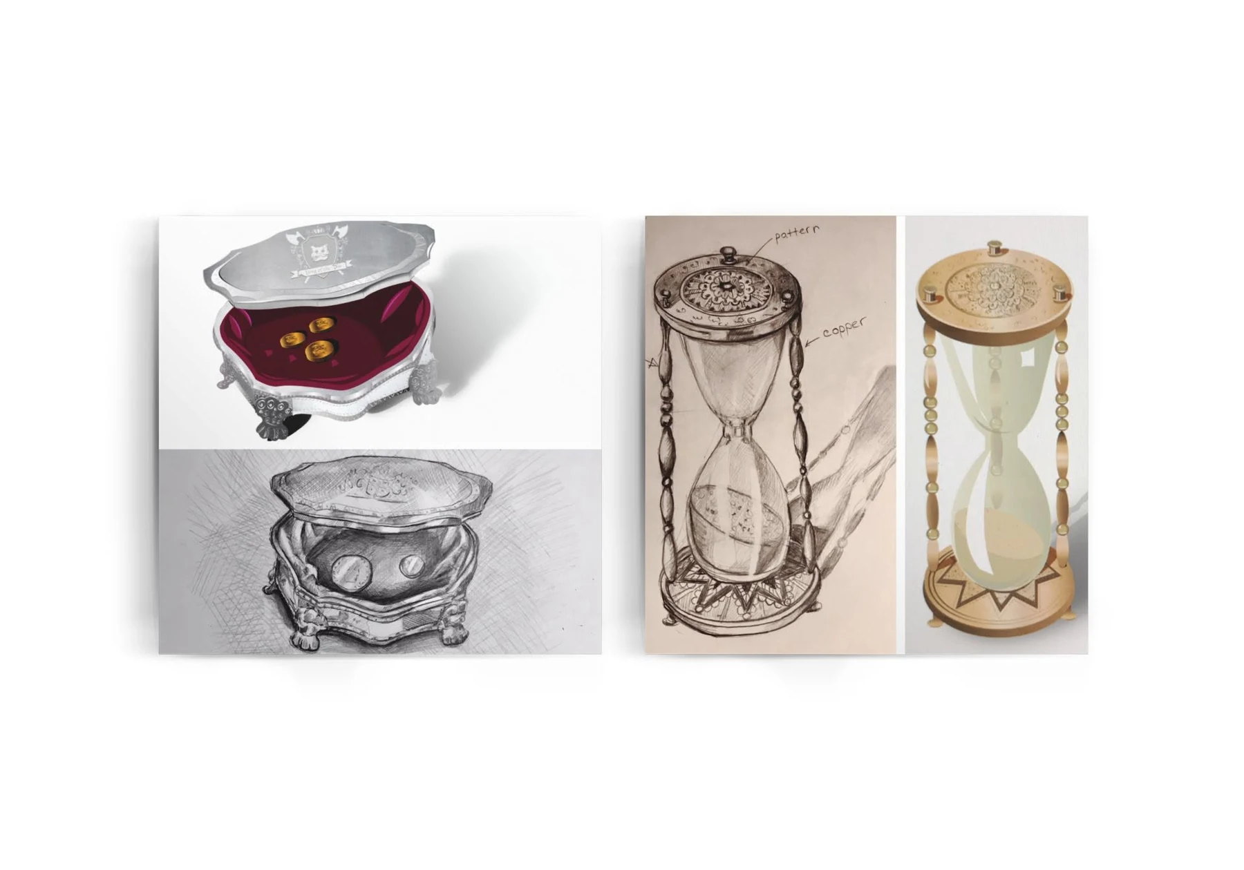 Concept sketches and final illustrations for the coin box and hourglass game objects
