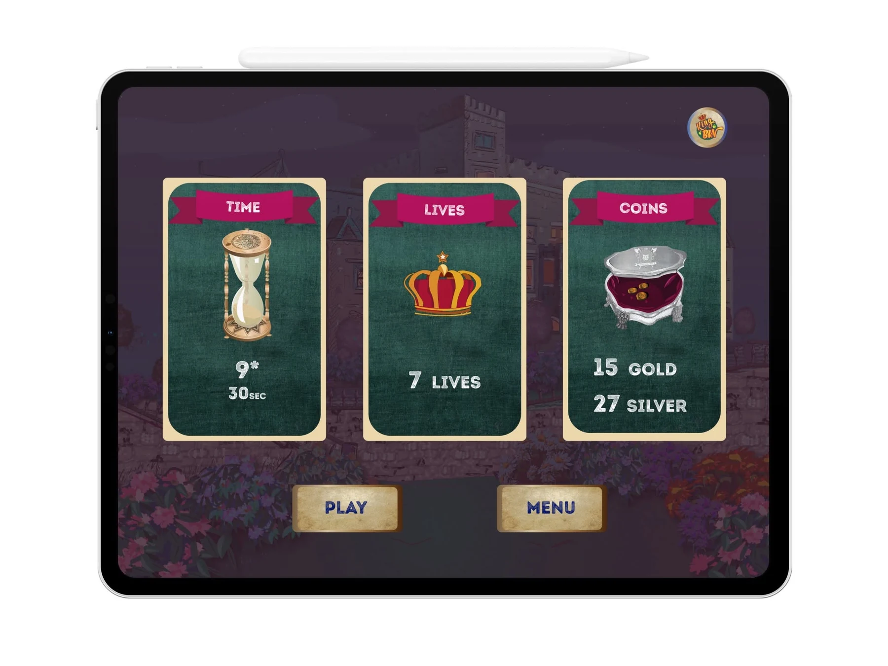 King of the Bin status screen showing time, lives and collected coins