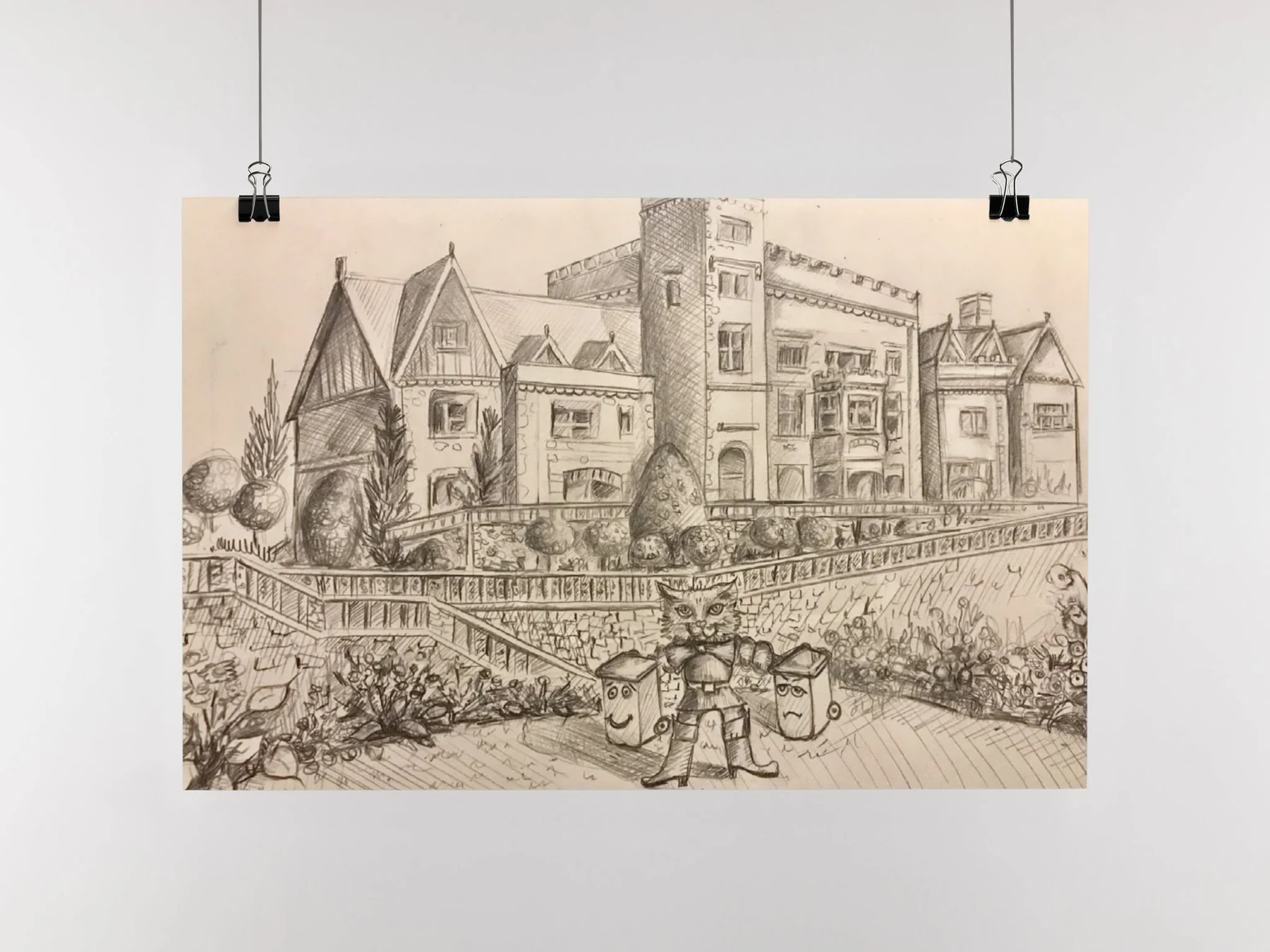Original pencil sketch of the King of the Bin castle environment and characters